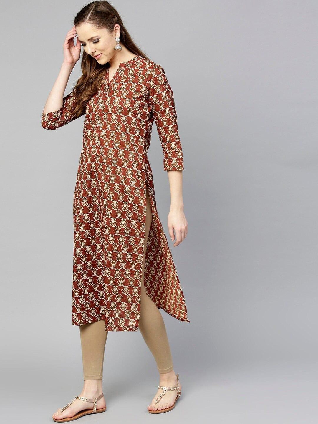 Varanga Women Rust Ethnic Motifs Printed Kurta - Indiakreations