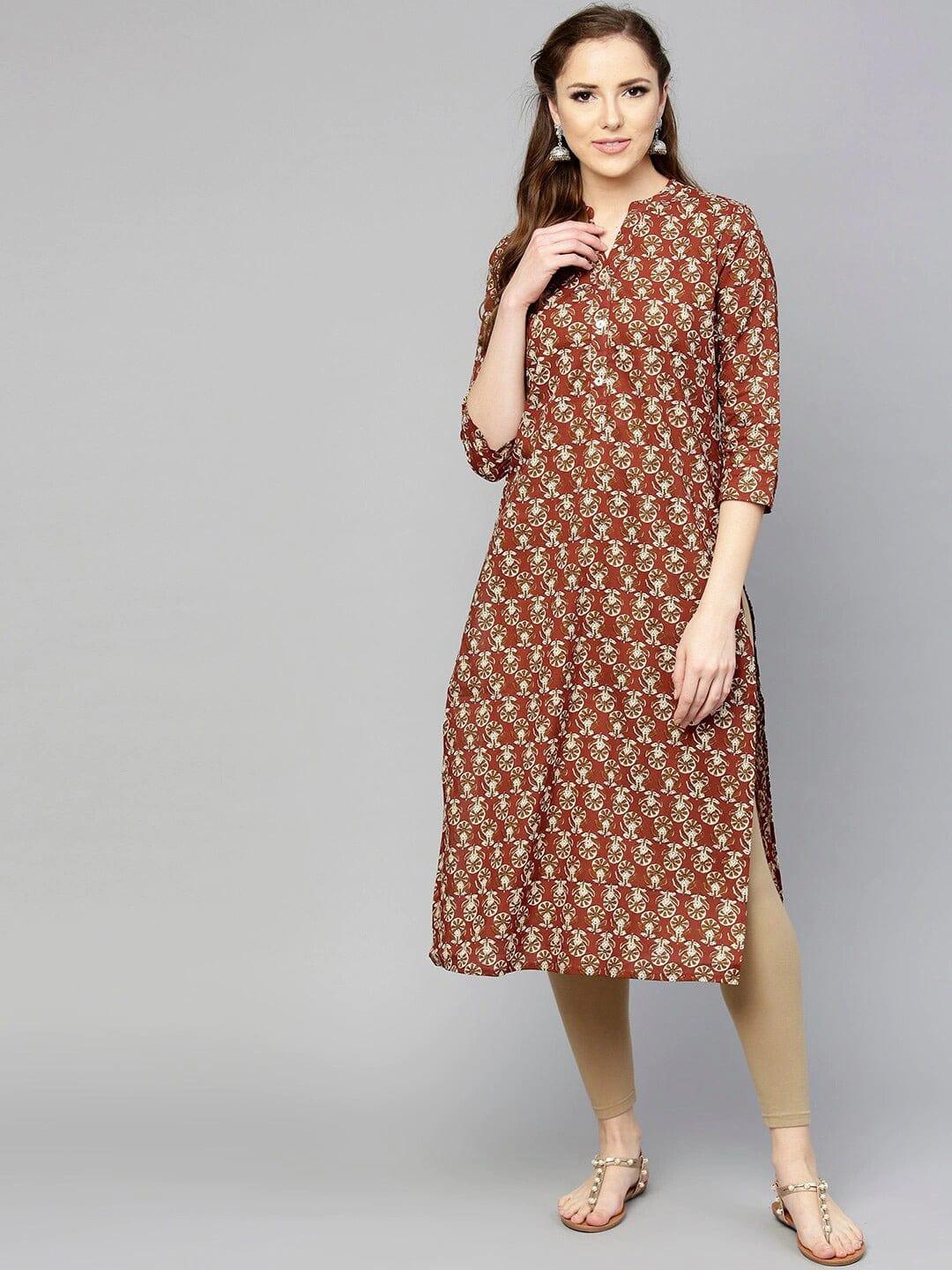 Varanga Women Rust Ethnic Motifs Printed Kurta - Indiakreations