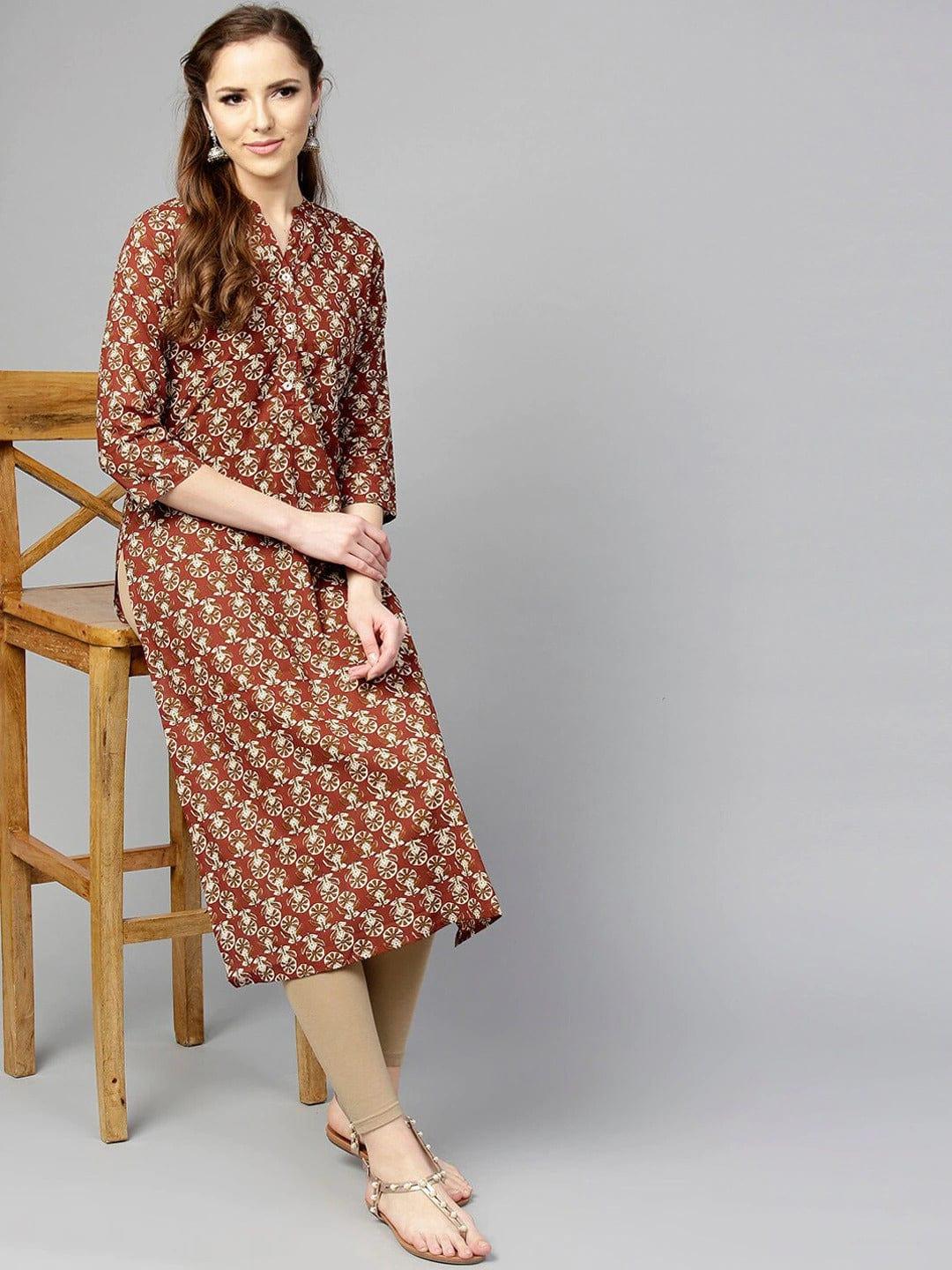 Varanga Women Rust Ethnic Motifs Printed Kurta - Indiakreations