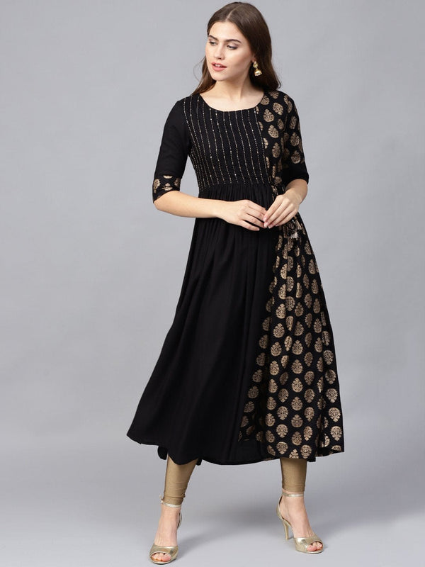 Women's Black & Golden Ethnic Foil Print Sequinned Pleated A-Line Kurta - Varanga