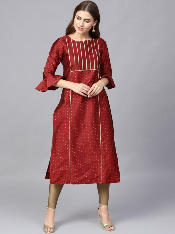 Varanga Women Maroon Striped Flared Sleeves Thread Work Kurta - Indiakreations