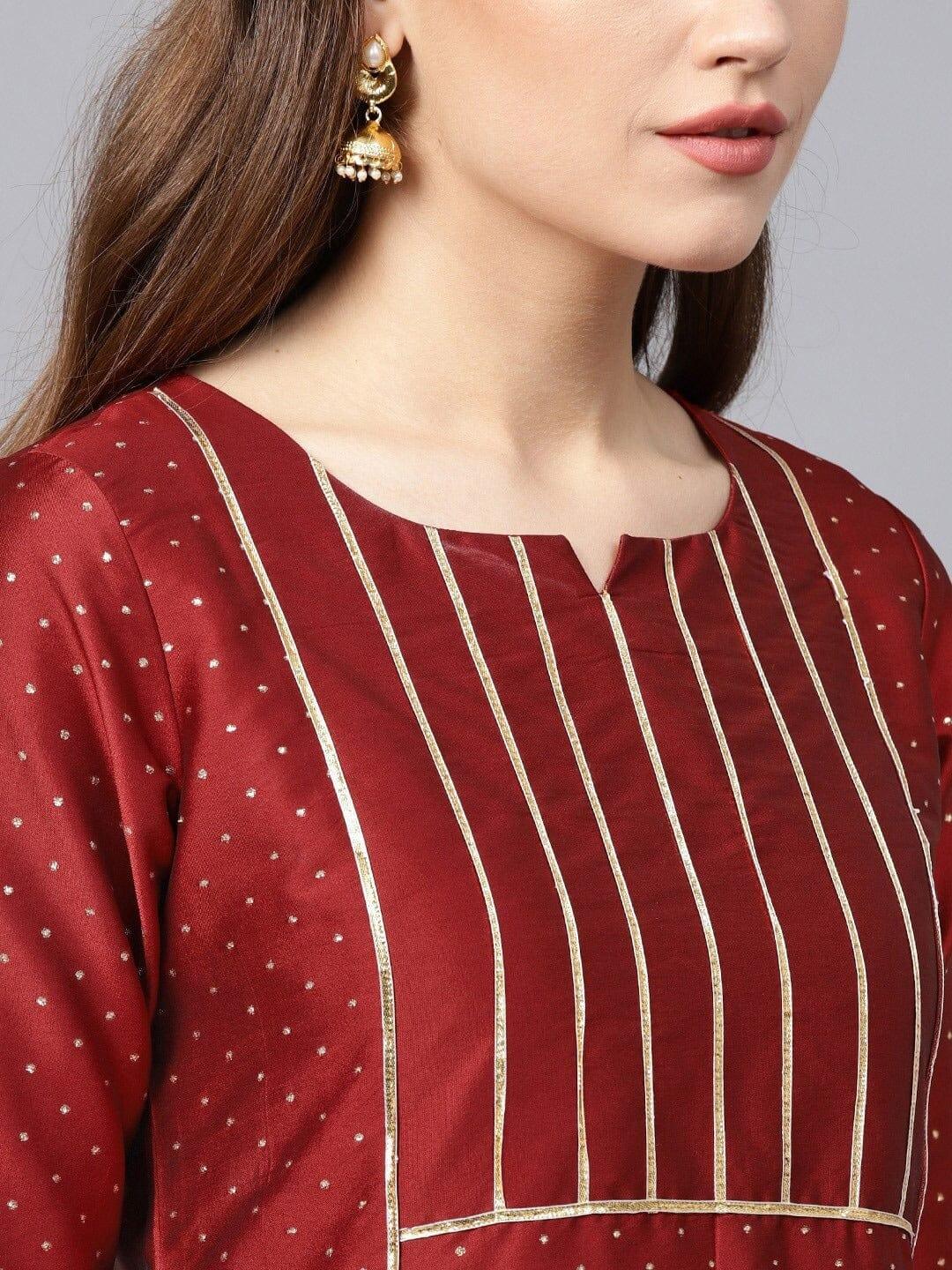 Varanga Women Maroon Striped Flared Sleeves Thread Work Kurta - Indiakreations