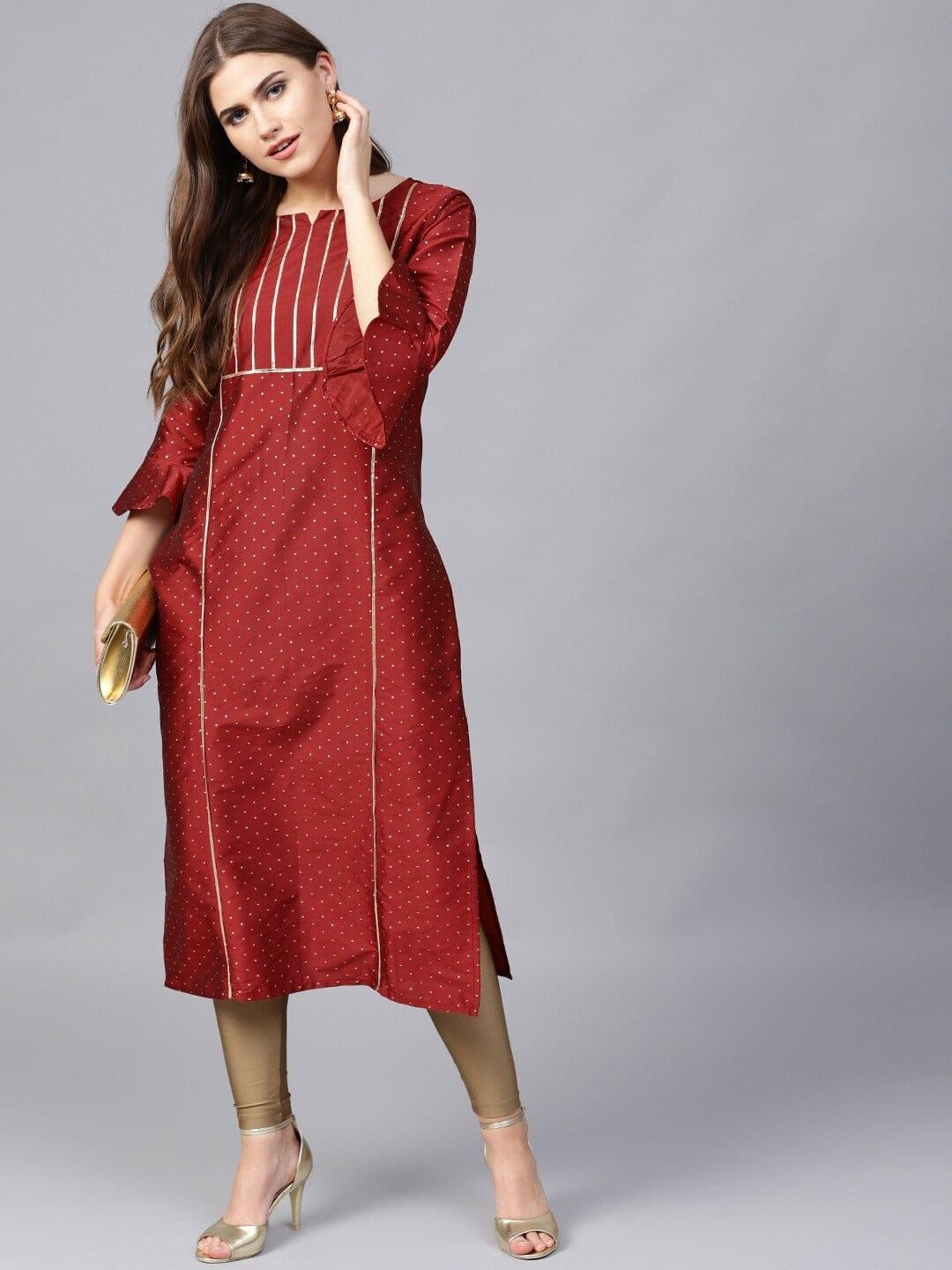 Varanga Women Maroon Striped Flared Sleeves Thread Work Kurta - Indiakreations