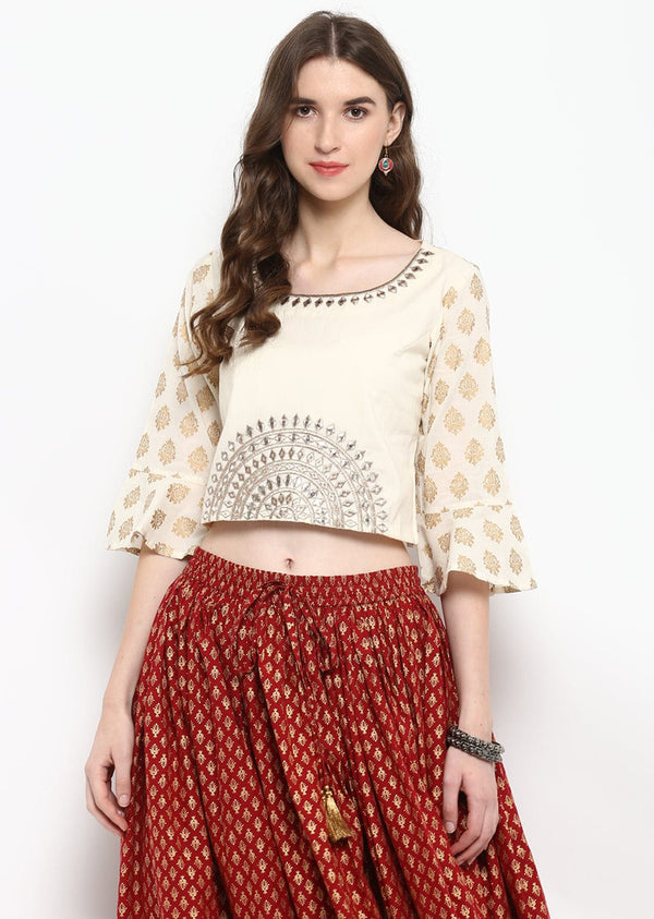 Women's Ivory Gold Print Embroidered Crop Top - Varanga