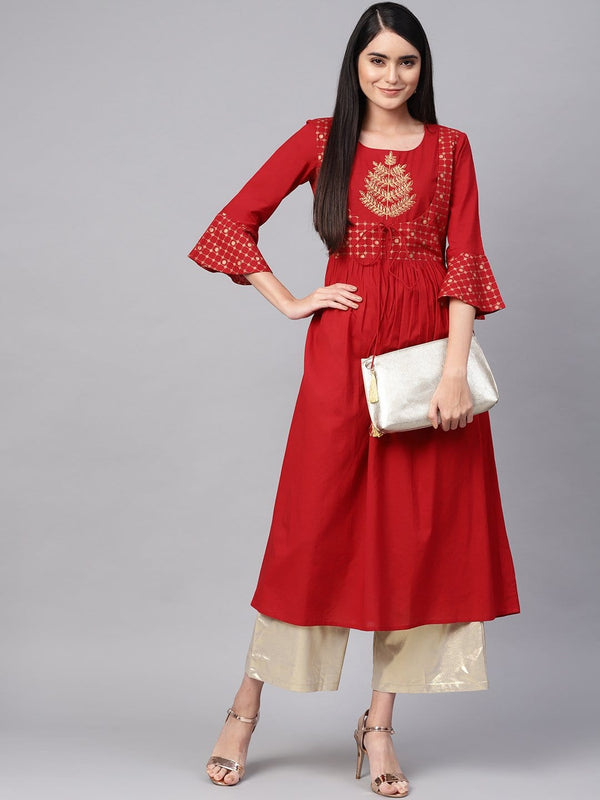 Women's Red & Golden Yoke Design A-Line Kurta - Varanga