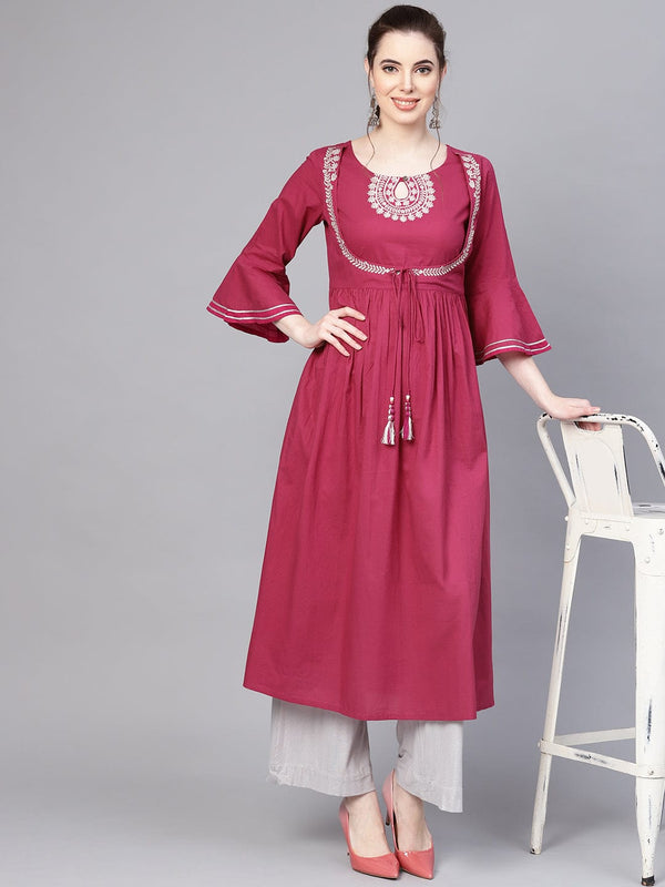 Women's Magenta Yoke Design A-Line Kurta - Varanga