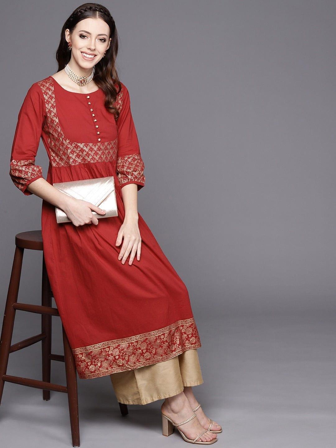 Varanga Women Red Gold-Toned Ethnic Motifs Yoke Design Kurta - Indiakreations