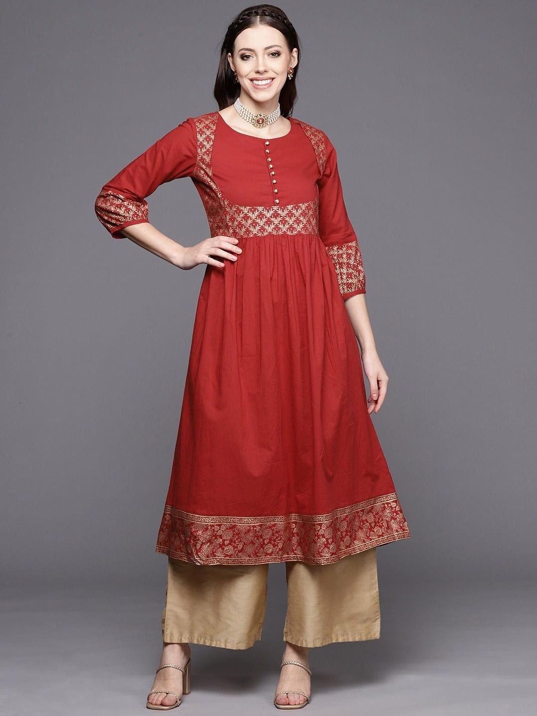 Varanga Women Red Gold-Toned Ethnic Motifs Yoke Design Kurta - Indiakreations