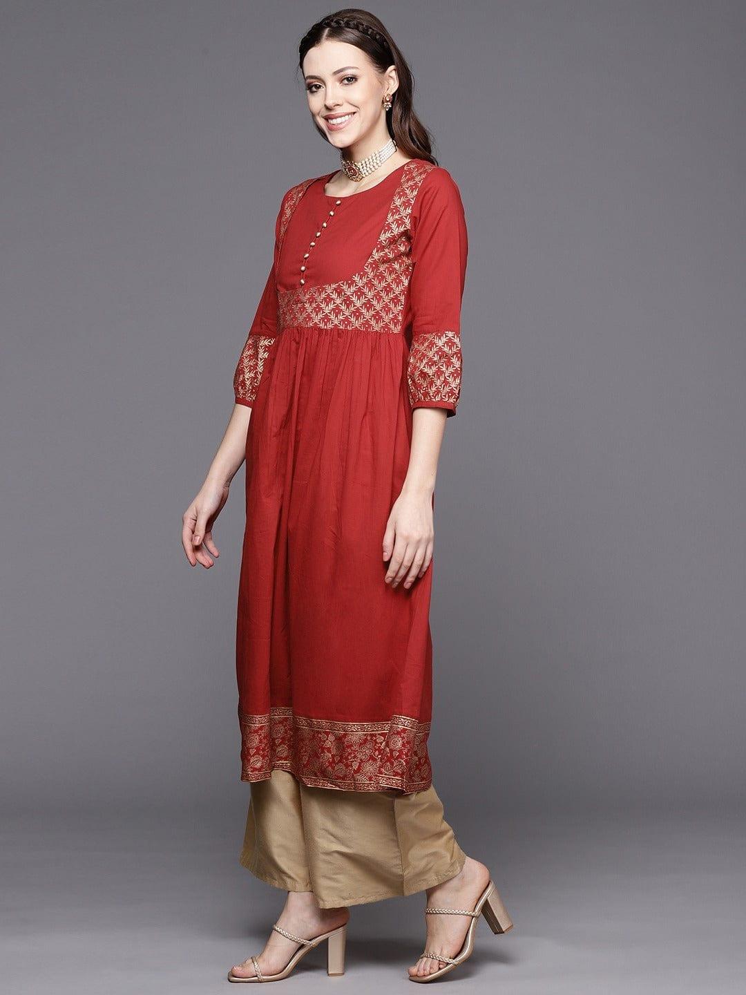 Varanga Women Red Gold-Toned Ethnic Motifs Yoke Design Kurta - Indiakreations