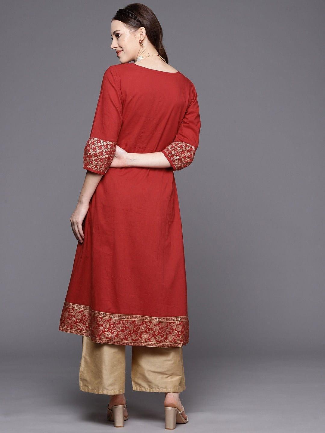 Varanga Women Red Gold-Toned Ethnic Motifs Yoke Design Kurta - Indiakreations