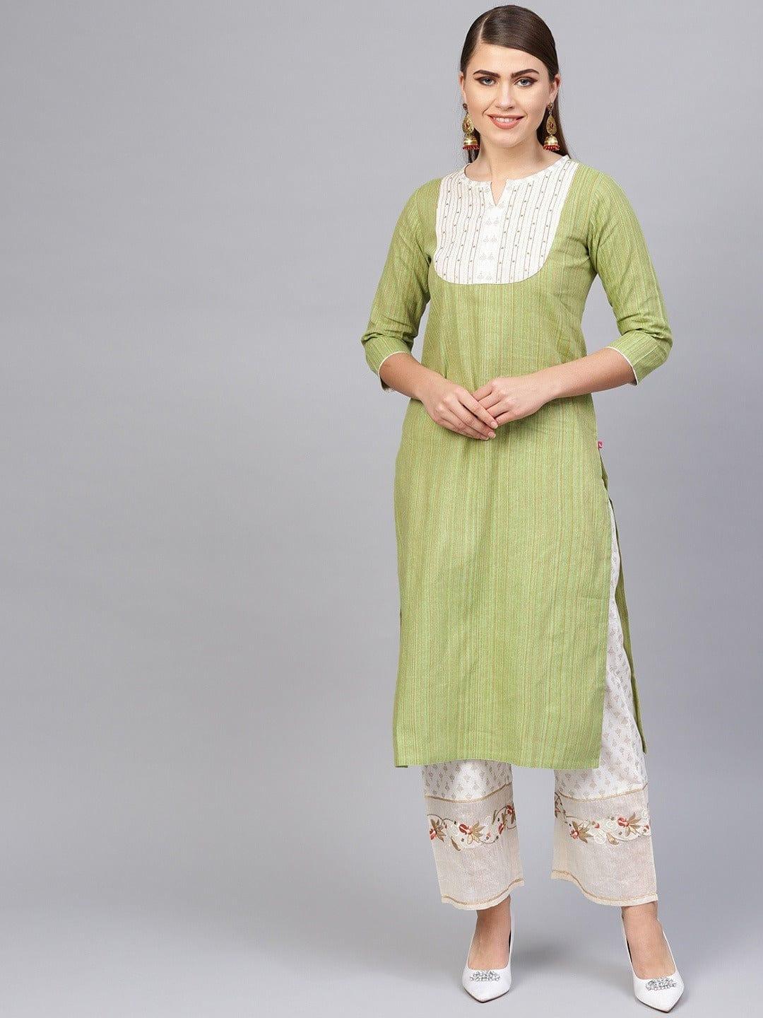 Varanga Women Green Yoke Design Sequinned Kurta with Palazzos - Indiakreations