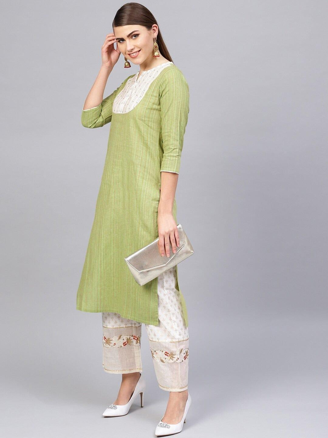 Varanga Women Green Yoke Design Sequinned Kurta with Palazzos - Indiakreations