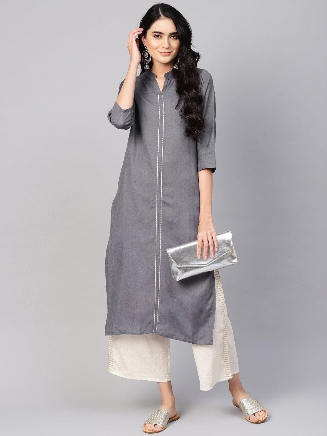 Charcoal Grey Solid Straight Kurta - Indiakreations