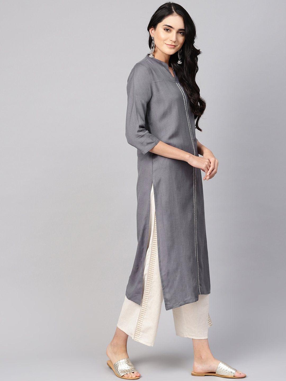 Charcoal Grey Solid Straight Kurta - Indiakreations