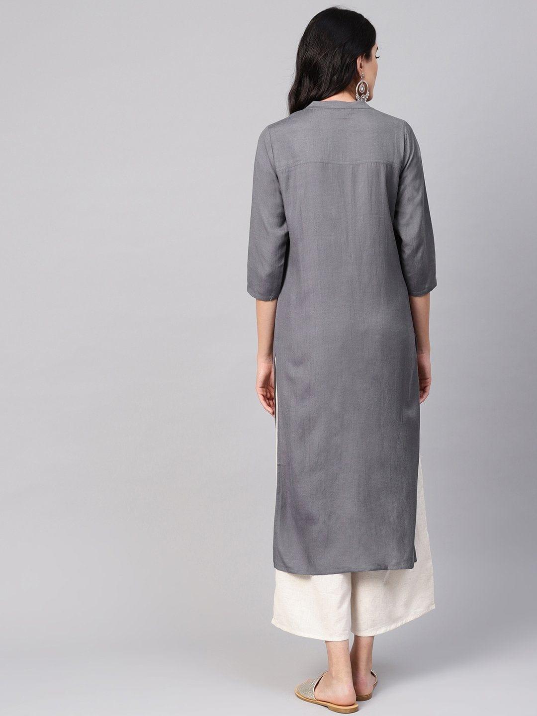 Charcoal Grey Solid Straight Kurta - Indiakreations