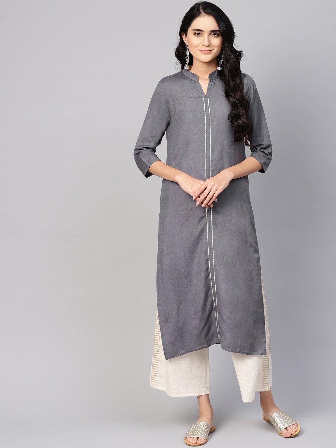 Charcoal Grey Solid Straight Kurta - Indiakreations