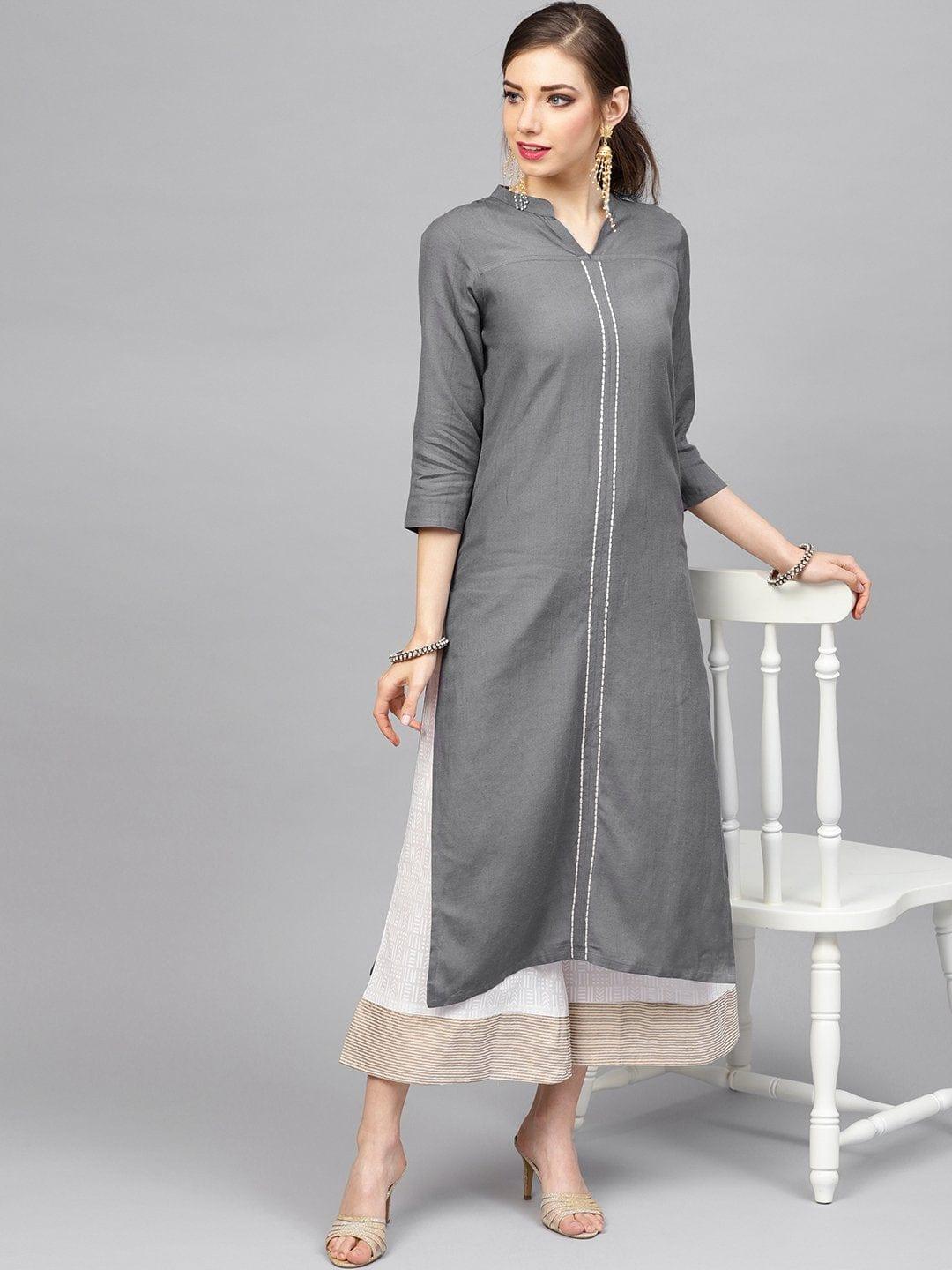 Charcoal Grey Solid Straight Kurta - Indiakreations