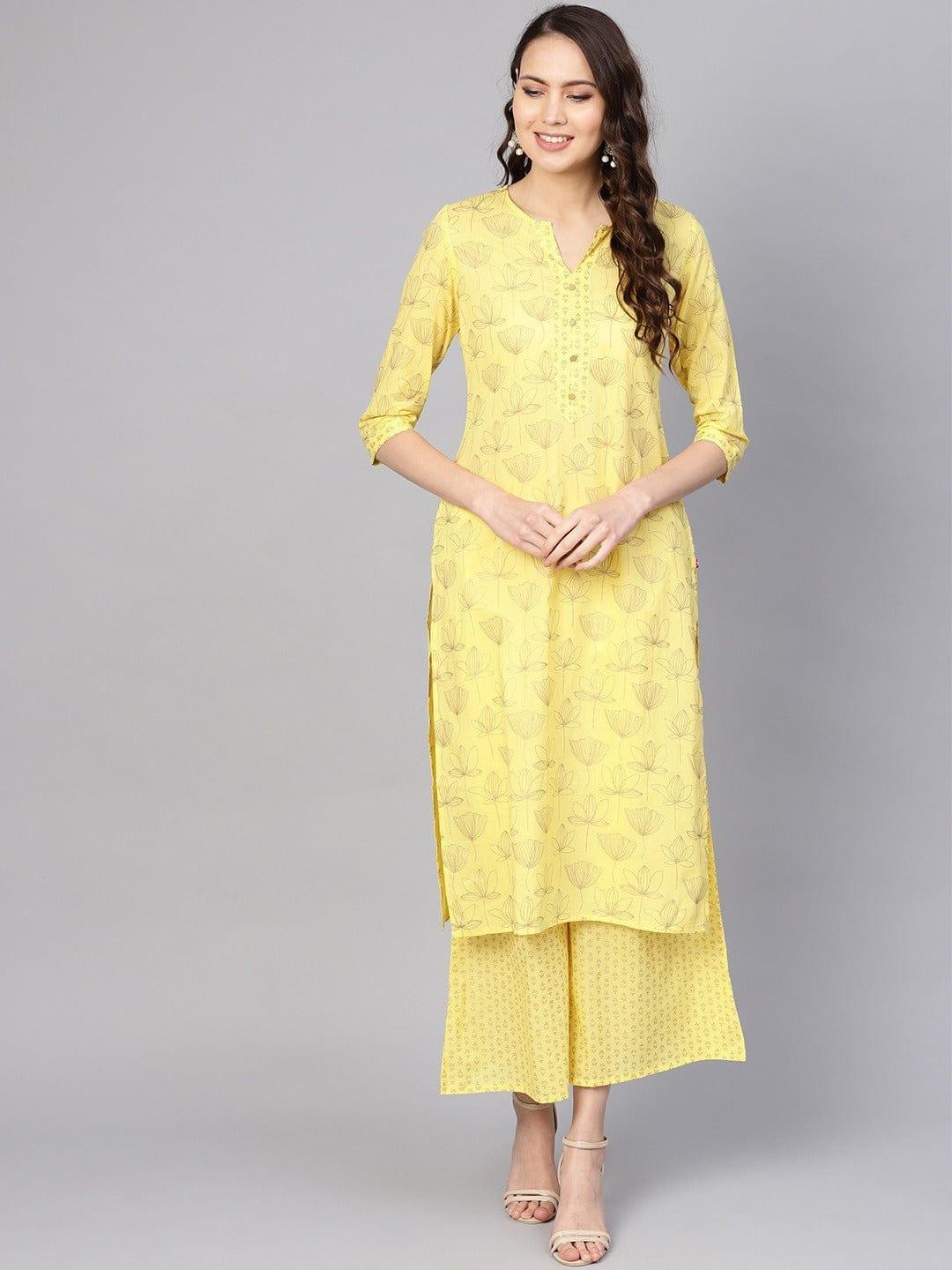 Varanga Women Yellow Floral Printed Kurta with Palazzos - Indiakreations