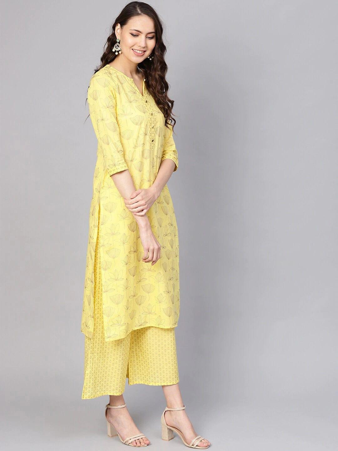 Varanga Women Yellow Floral Printed Kurta with Palazzos - Indiakreations