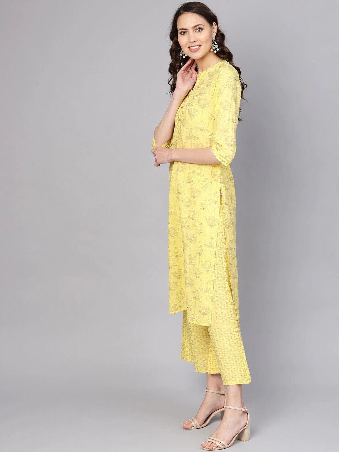 Varanga Women Yellow Floral Printed Kurta with Palazzos - Indiakreations