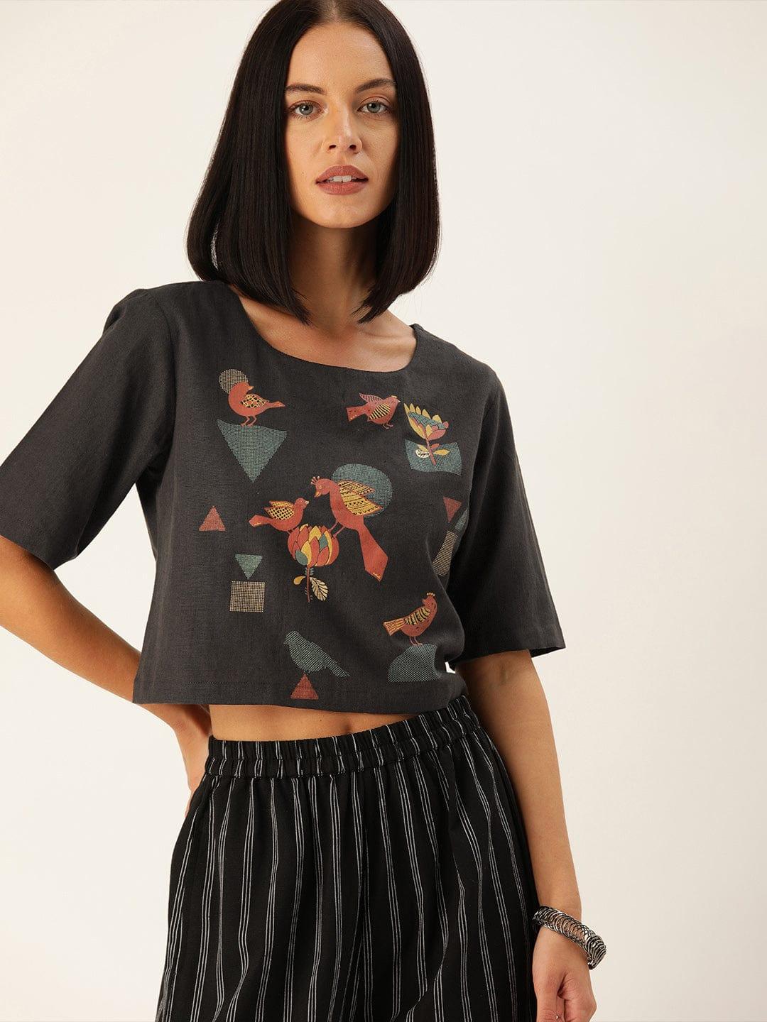 Charcoal Grey Printed Boxy Crop Top - Indiakreations