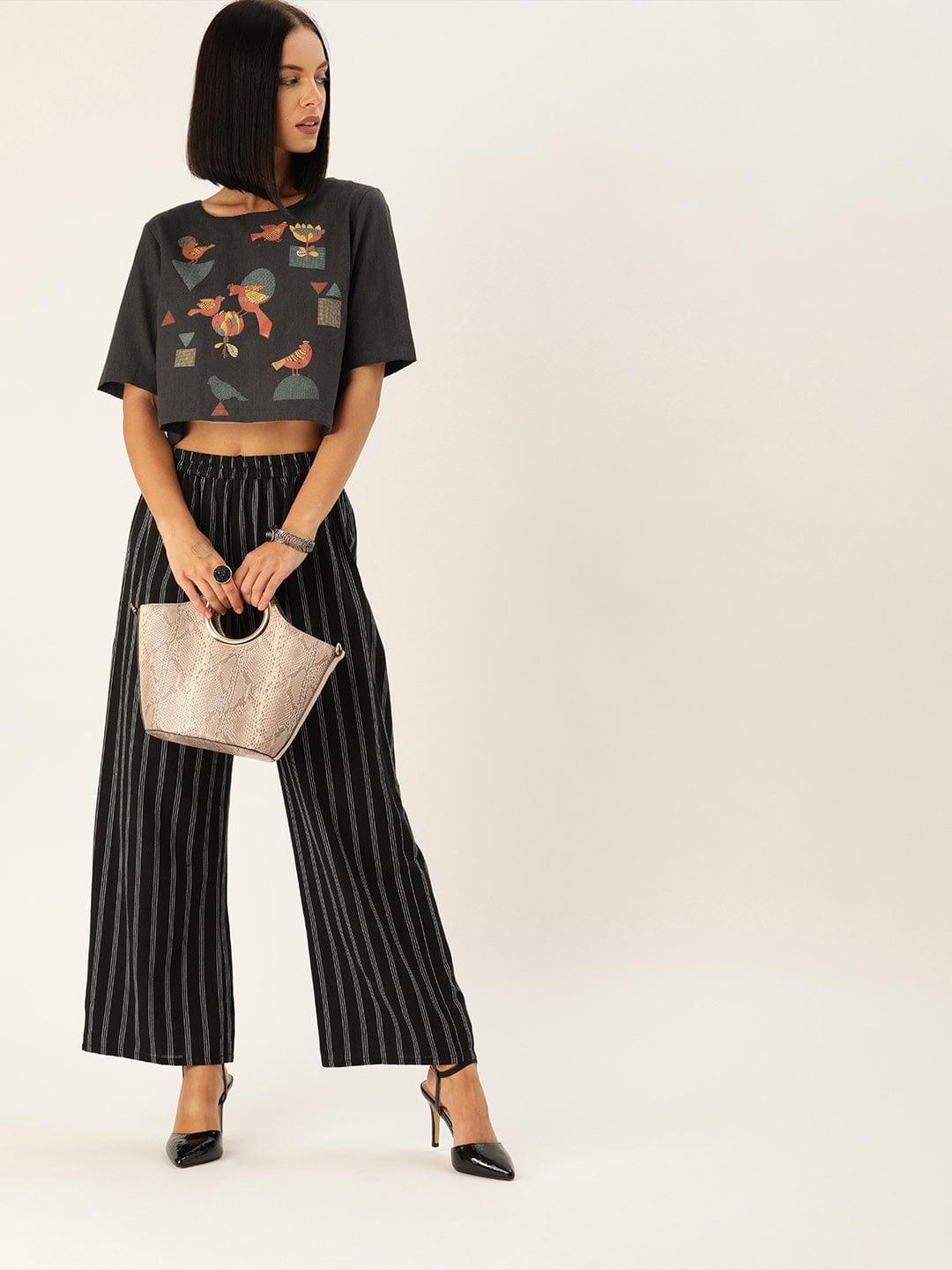 Charcoal Grey Printed Boxy Crop Top - Indiakreations