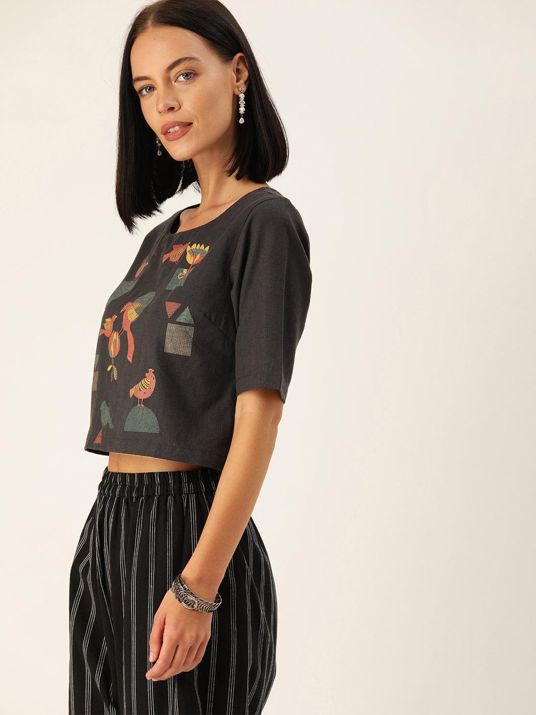 Charcoal Grey Printed Boxy Crop Top - Indiakreations