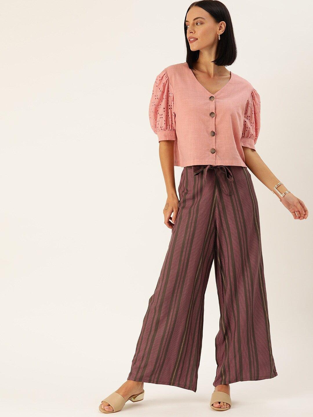 Burgundy & Pink Solid Schiffli Sleeved Top with Palazzos - Indiakreations