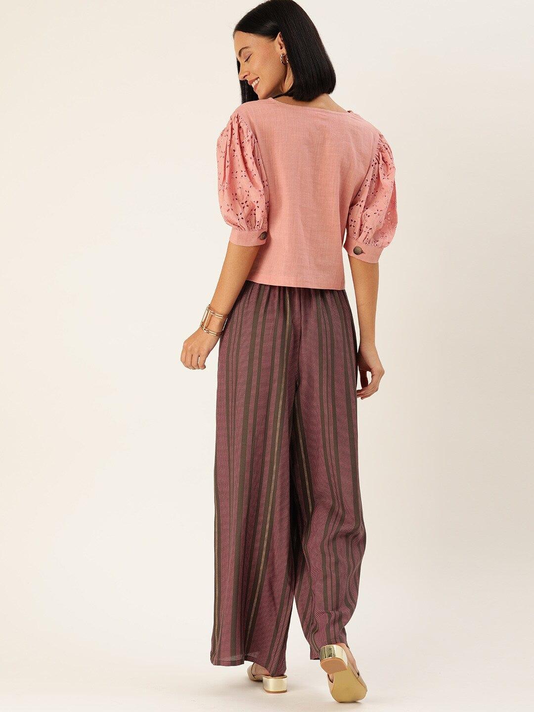 Burgundy & Pink Solid Schiffli Sleeved Top with Palazzos - Indiakreations