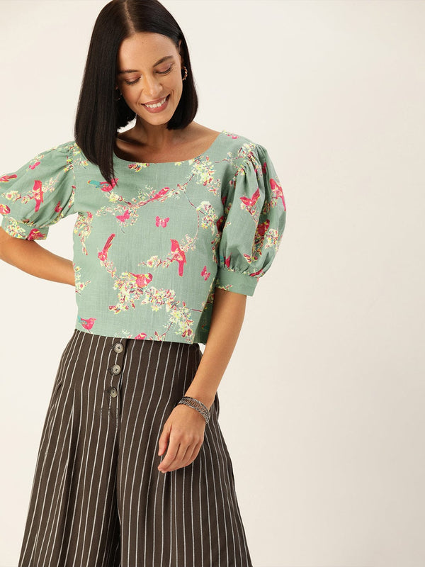 Women's Blue & Pink Floral Printed Puff Sleeved Crop Top - Varanga