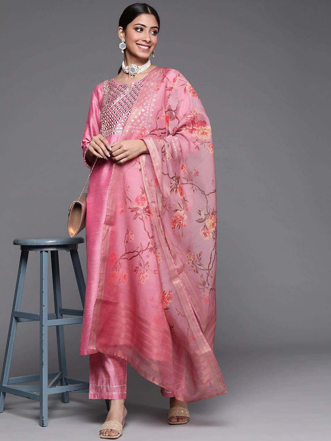 Varanga Women Pink Ethnic Motifs Embroidered Mirror Work Kurti with Trousers & Dupatta - Indiakreations