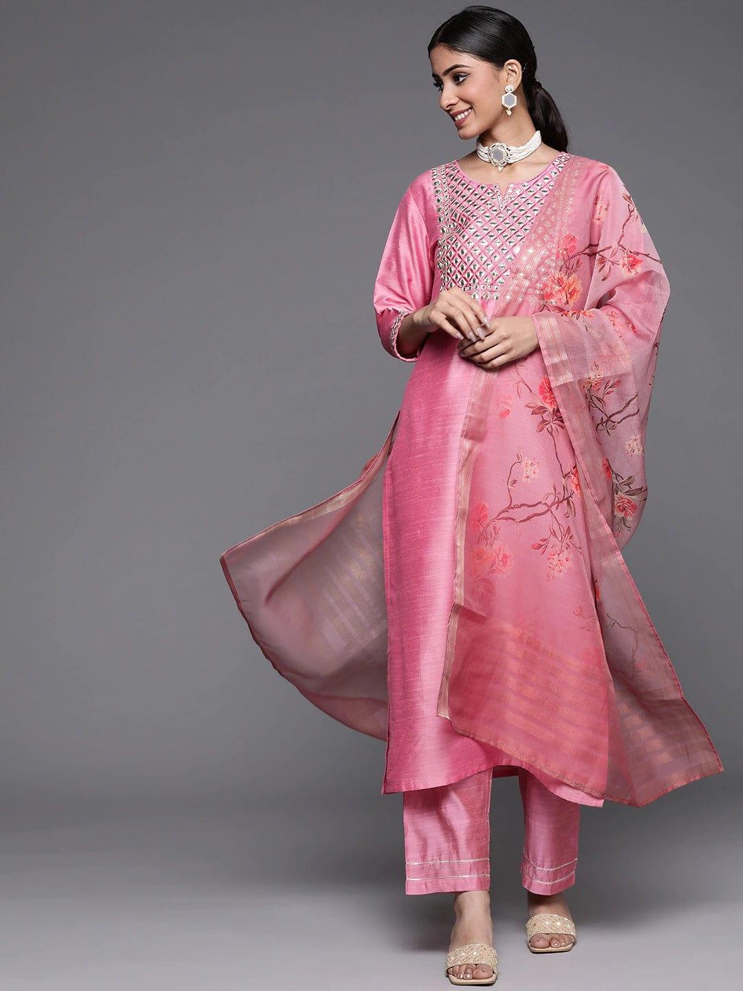 Varanga Women Pink Ethnic Motifs Embroidered Mirror Work Kurti with Trousers & Dupatta - Indiakreations