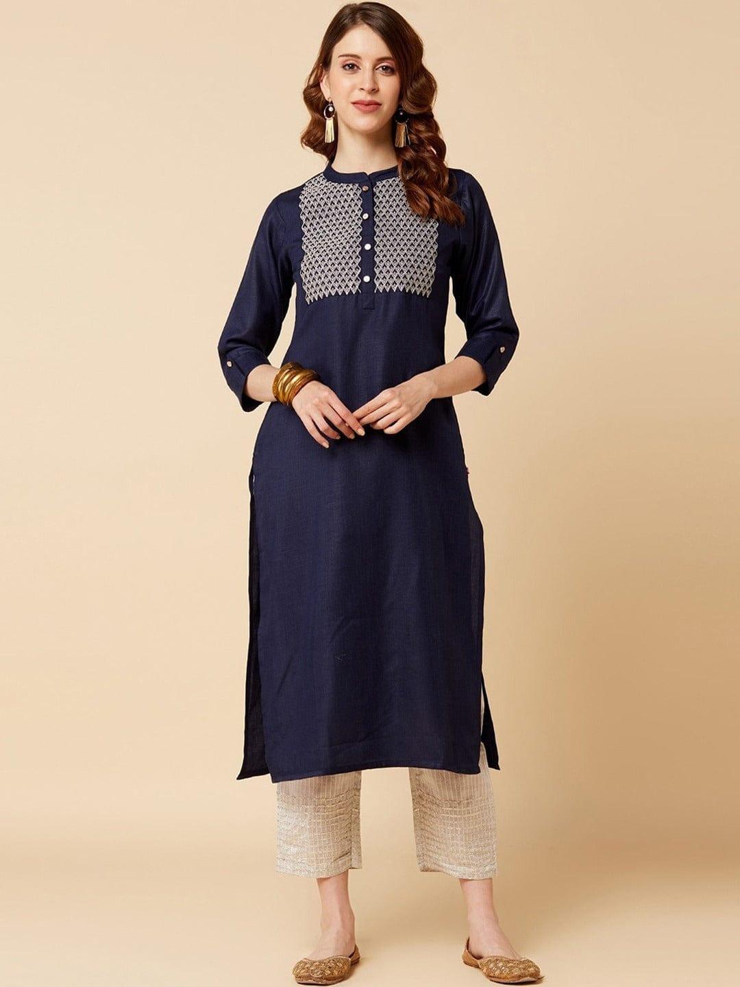 Varanga Women Blue Yoke Design Yoke Design Flared Sleeves Thread Work Kurta - Indiakreations