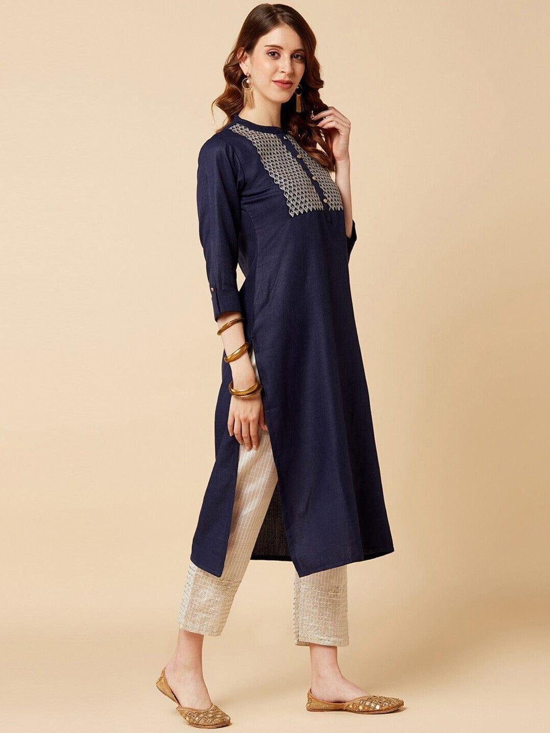 Varanga Women Blue Yoke Design Yoke Design Flared Sleeves Thread Work Kurta - Indiakreations