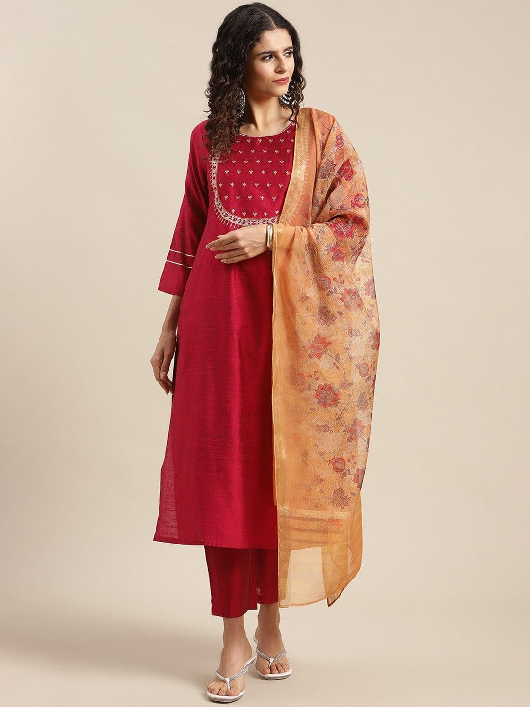 Varanga Women Maroon Ethnic Motifs Yoke Design Thread Work Kurta with Trousers & With Dupatta - Indiakreations