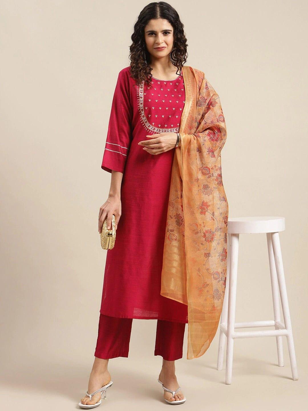 Varanga Women Maroon Ethnic Motifs Yoke Design Thread Work Kurta with Trousers & With Dupatta - Indiakreations