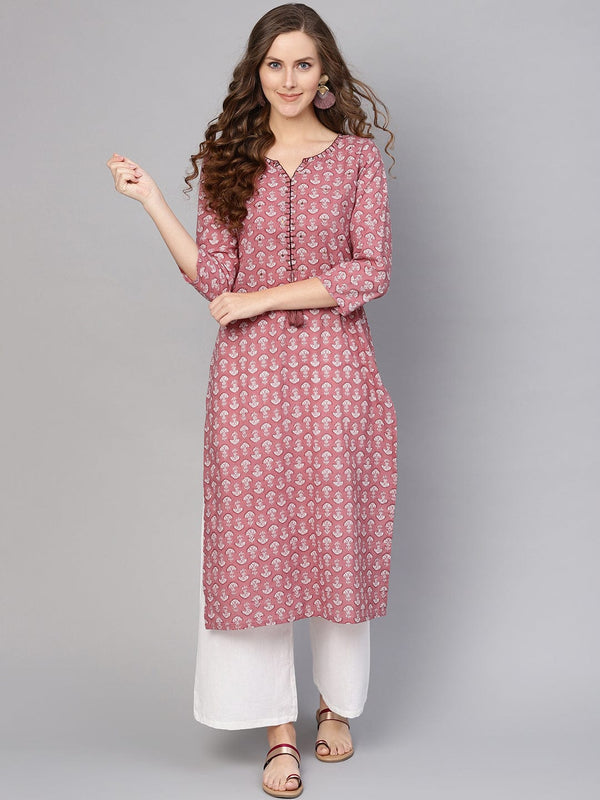 Women's Pink & White Printed Straight Kurta - Varanga