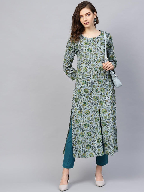 Grey & Green Printed Straight Kurta - Indiakreations