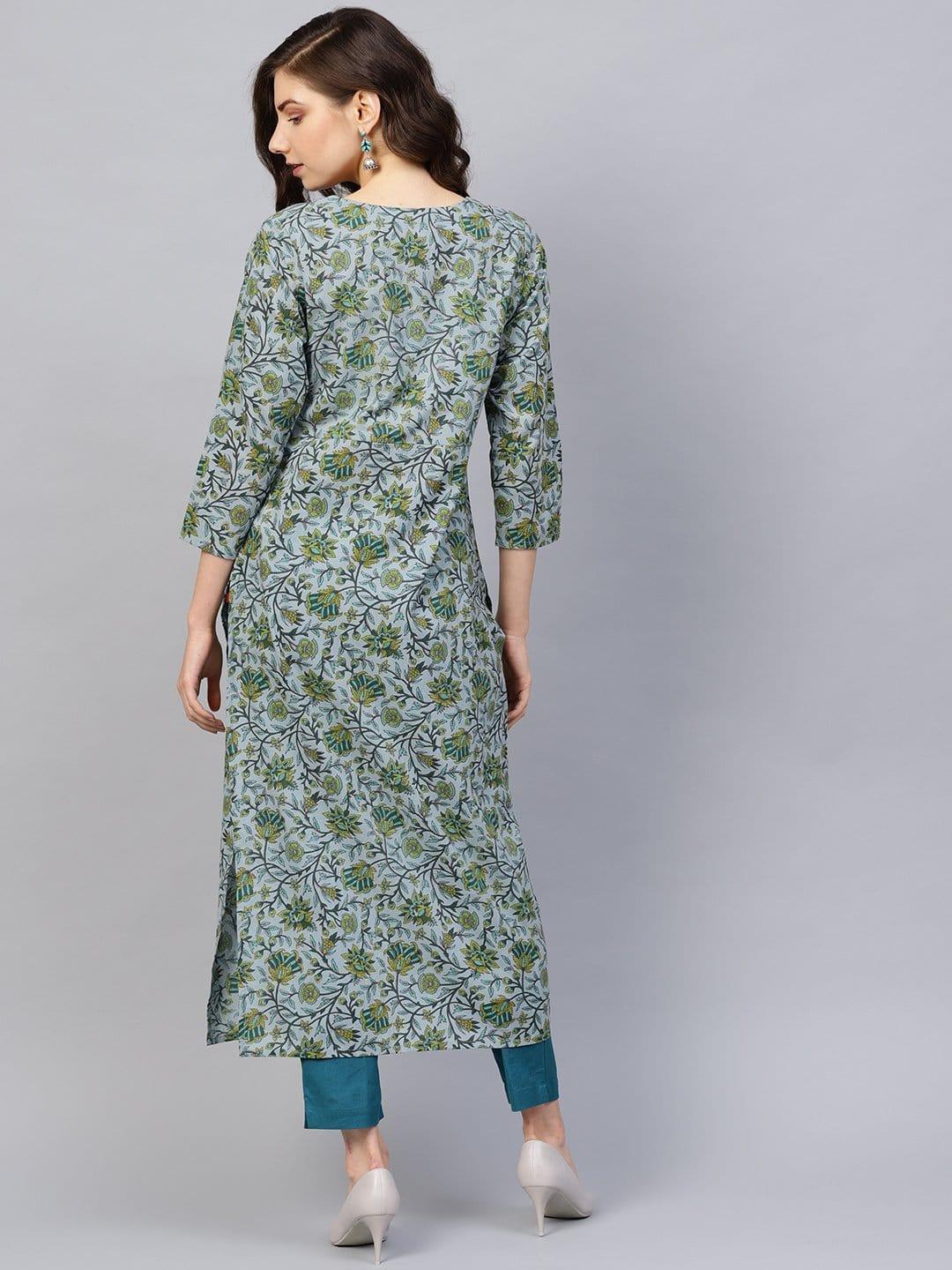 Grey & Green Printed Straight Kurta - Indiakreations