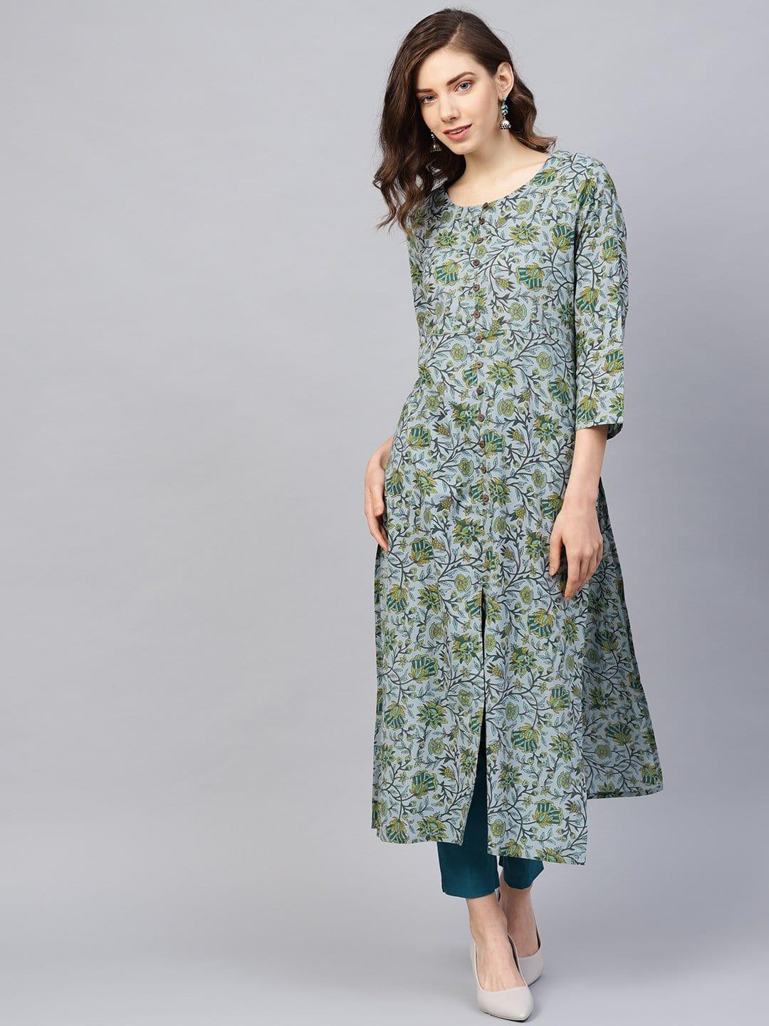 Grey & Green Printed Straight Kurta - Indiakreations