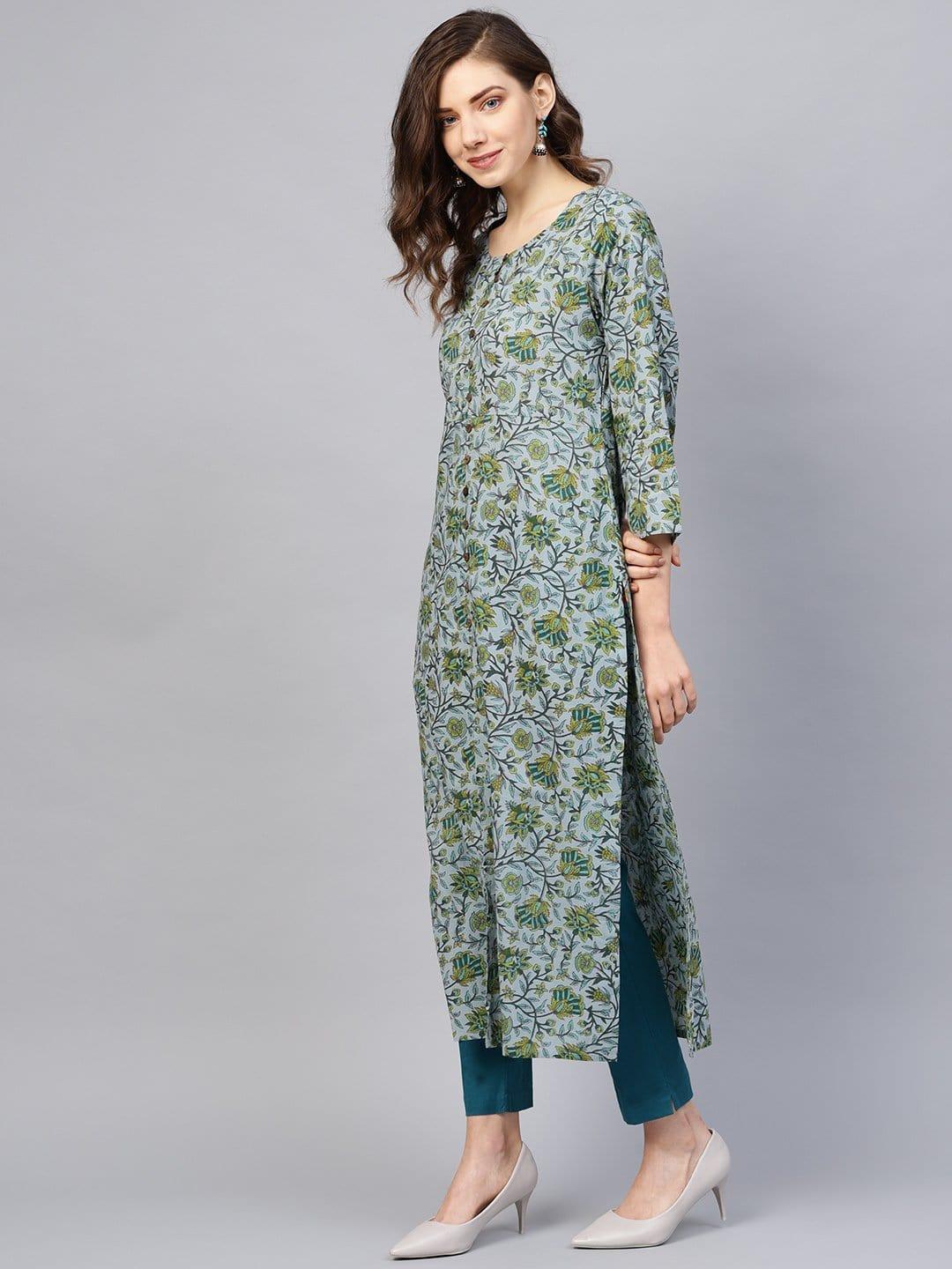 Grey & Green Printed Straight Kurta - Indiakreations