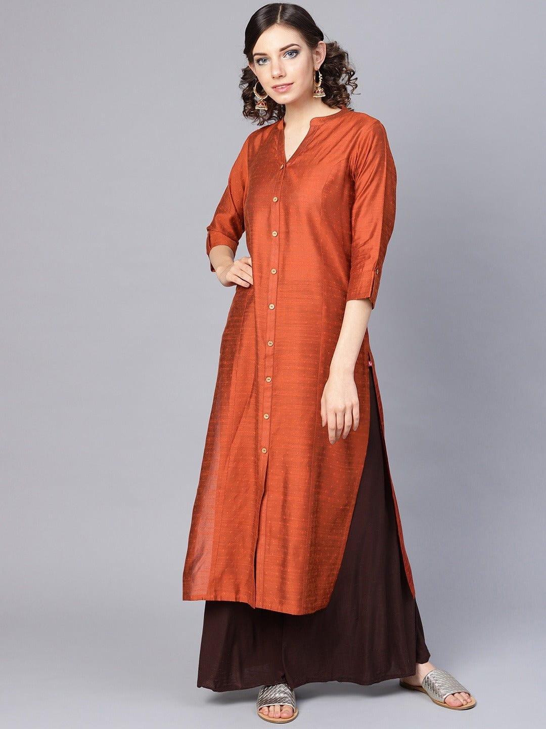 Varanga Women Rust Thread Work Dobby Kurta - Indiakreations