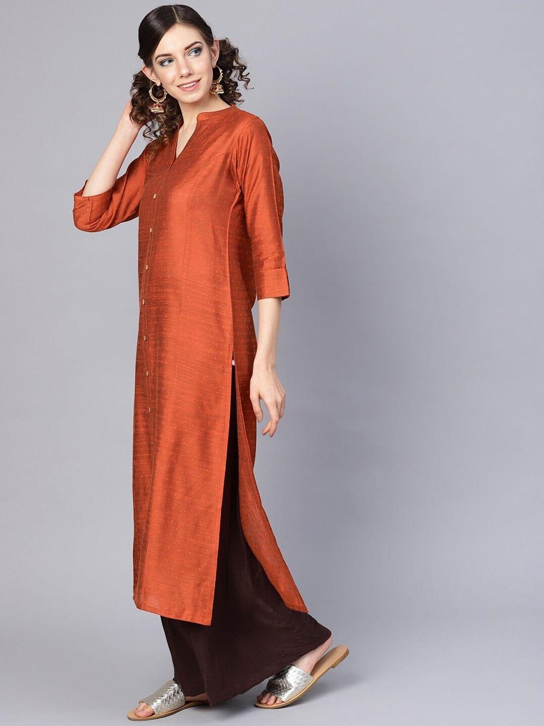 Varanga Women Rust Thread Work Dobby Kurta - Indiakreations