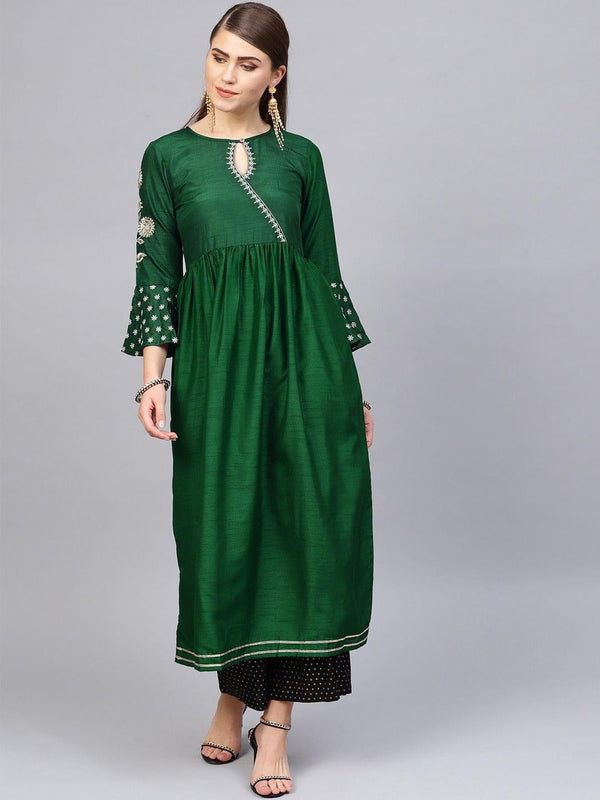 Varanga Women Green Keyhole Neck Flared Sleeves Thread Work Silk Anarkali Kurta - Indiakreations