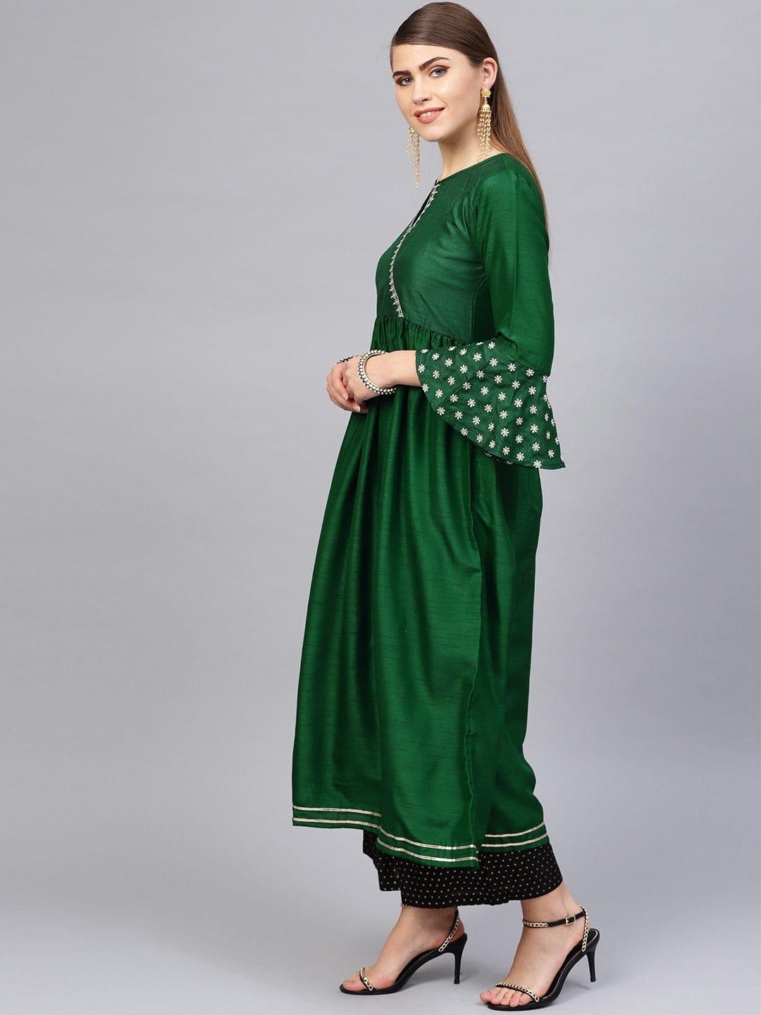 Varanga Women Green Keyhole Neck Flared Sleeves Thread Work Silk Anarkali Kurta - Indiakreations