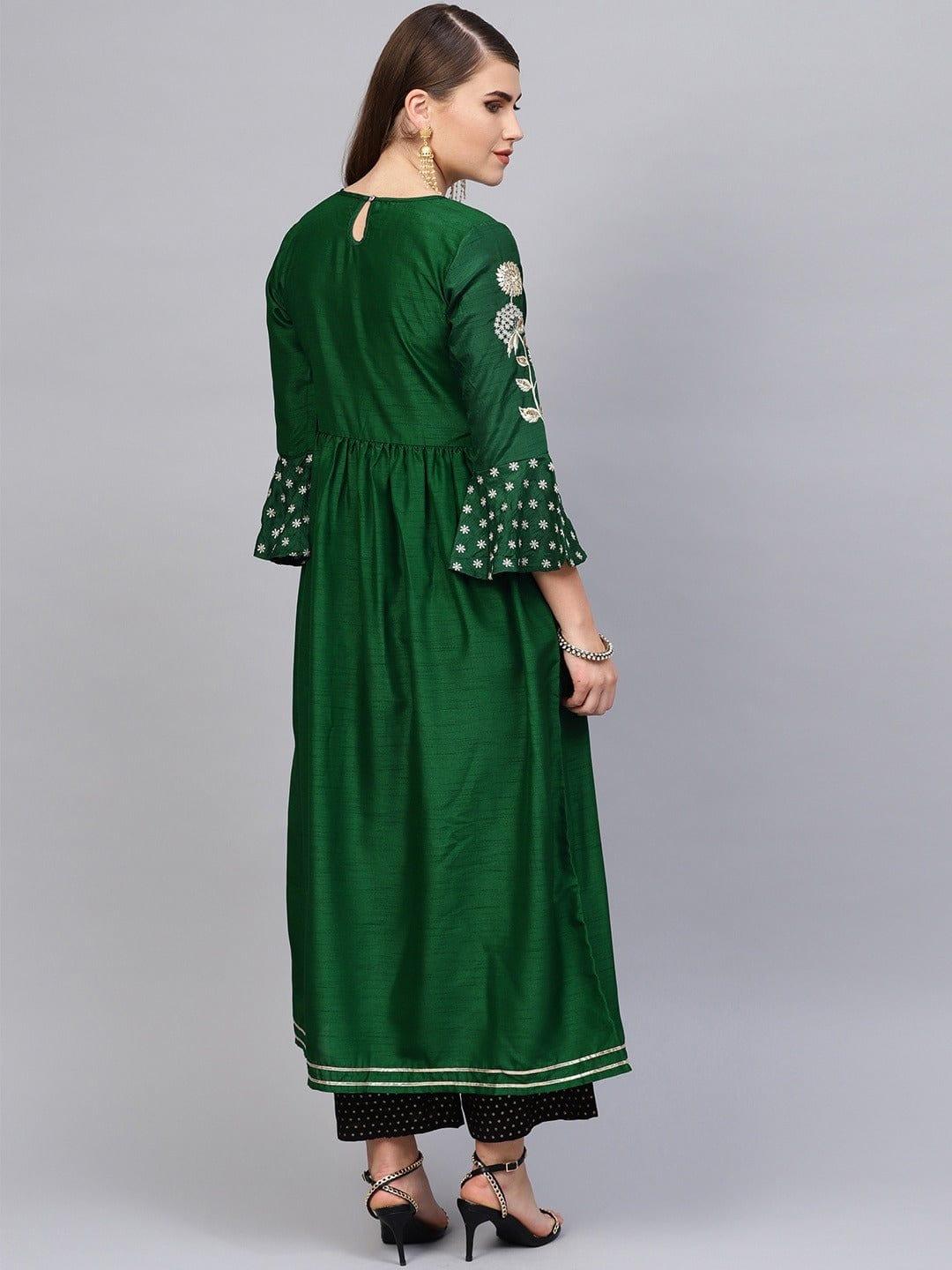 Varanga Women Green Keyhole Neck Flared Sleeves Thread Work Silk Anarkali Kurta - Indiakreations