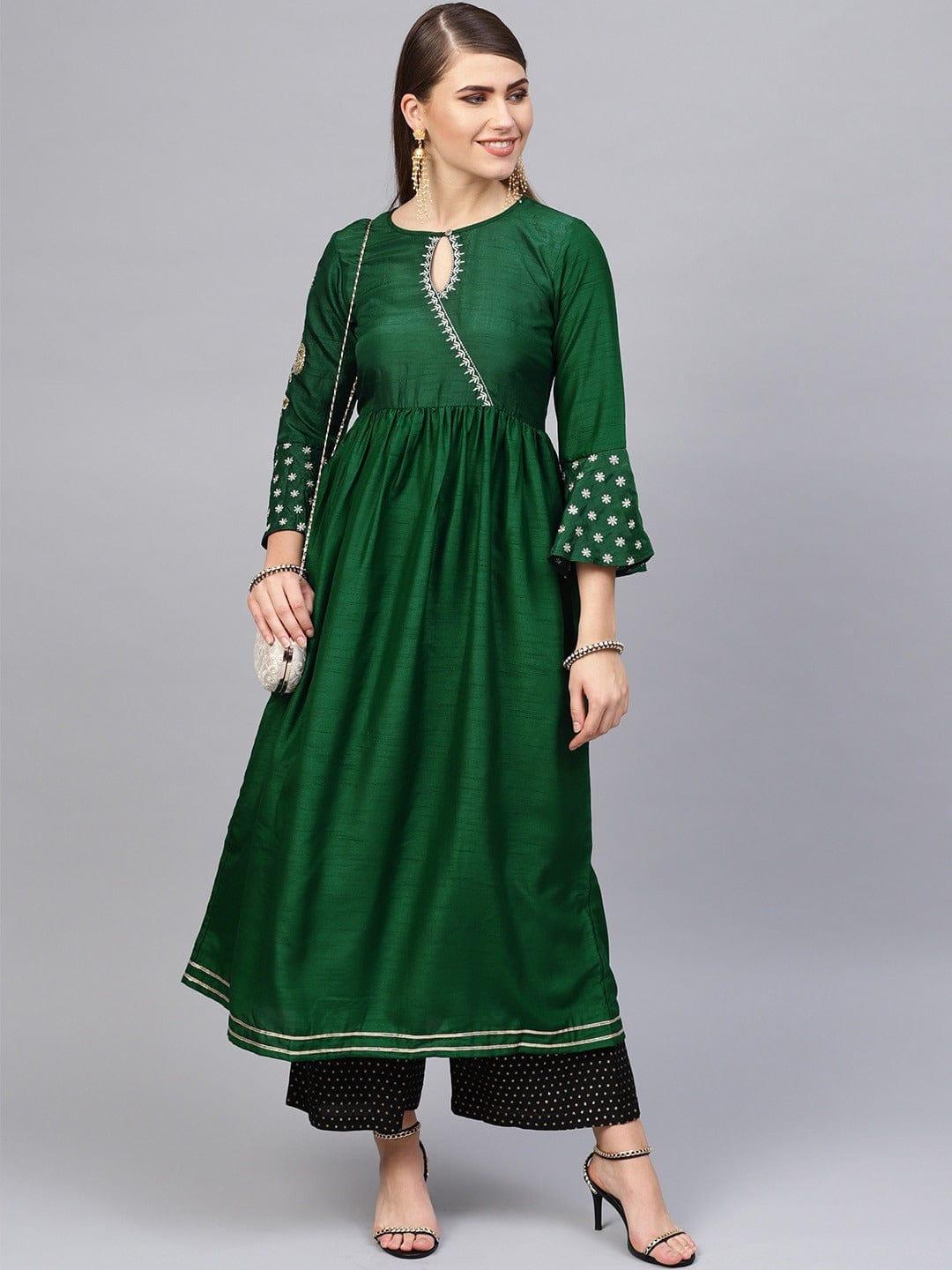 Varanga Women Green Keyhole Neck Flared Sleeves Thread Work Silk Anarkali Kurta - Indiakreations