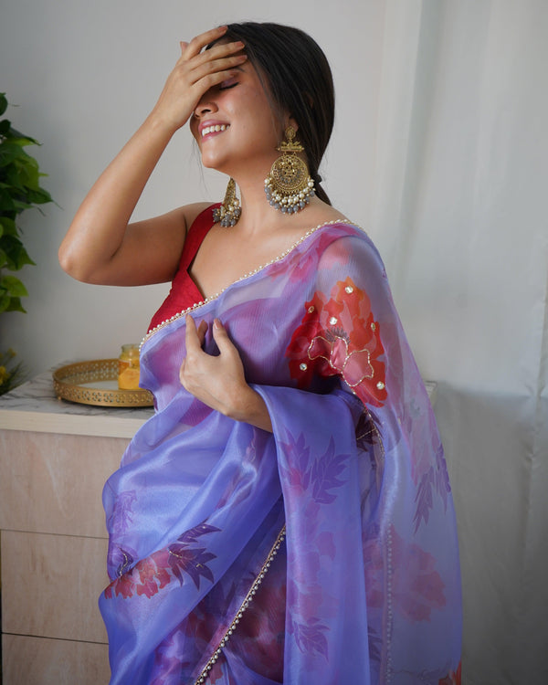 Trendy Floral Printed Organza Saree In Blue - Indiakreations