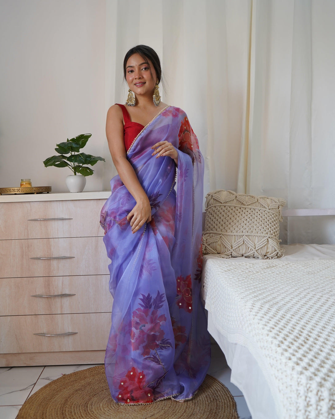 Trendy Floral Printed Organza Saree In Blue - Indiakreations