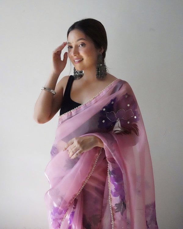 Beautiful Floral Printed Party Wear Organza Saree In Pink - Indiakreations